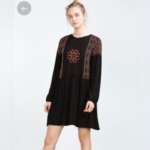ZARA Embroidered Black Boho Bohemian Tunic Dress Size S